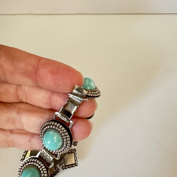 Vintage 1970s Triangle Turquoise Stone Sterling Silver Cuff  Vintage Silver Metal and Turquoise Bracelet